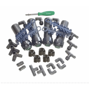 Kit of 7mt - 10mt radius Pop-up Sprinklers; Contains 4 x gear-driven pop-ups (their throw can actually screw all the way down to an ‘Off’ position), nozzle sets, pipe fittings, but no pipe.