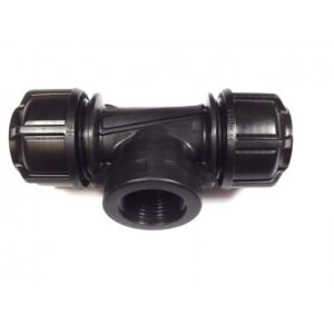 Tee, 25mm Pressure poly pipe x 25mm female thread on centre offtake branch, pressure rated